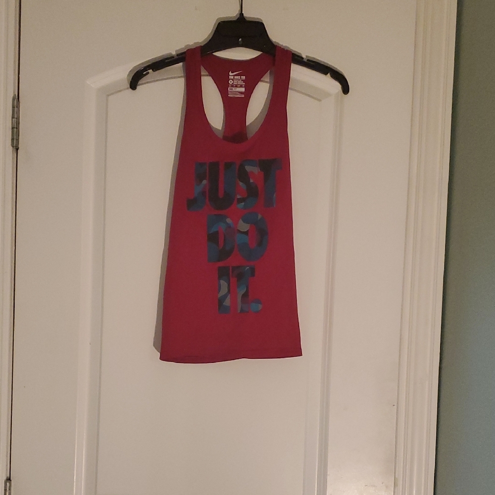 Nike Women's Red Racerback Tank with Blue Graphic "Just Do It."